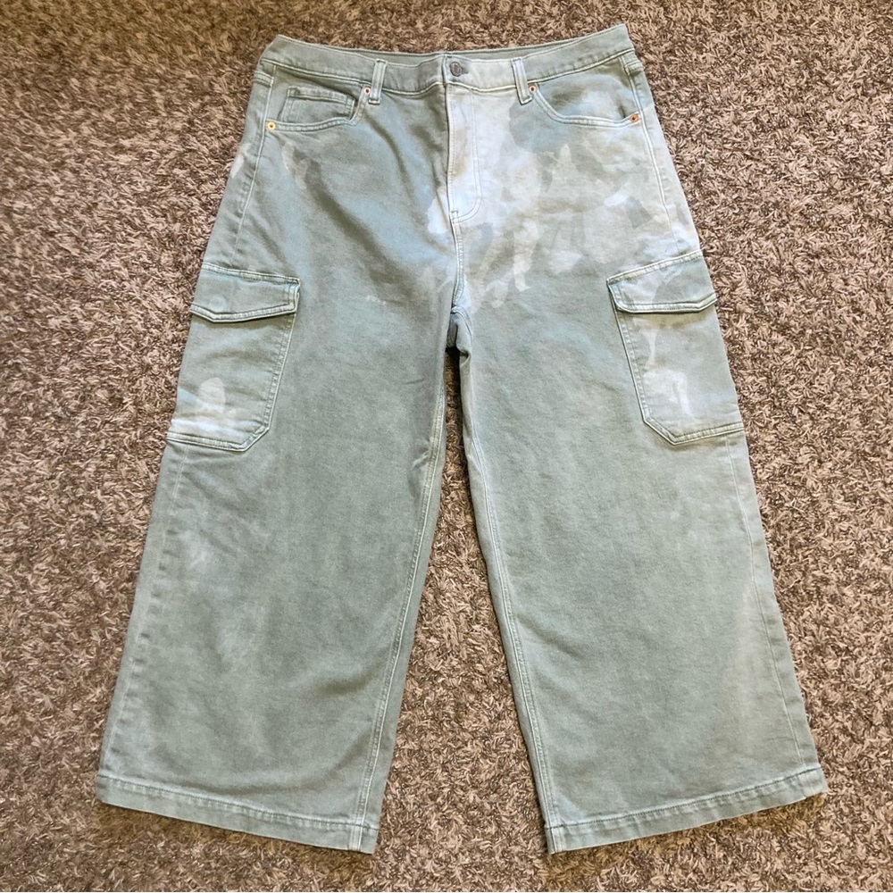 Gap Wide-Leg Stride Cropped Sage Green Cargo Jeans, Sz 33”/16P Short, High Waist